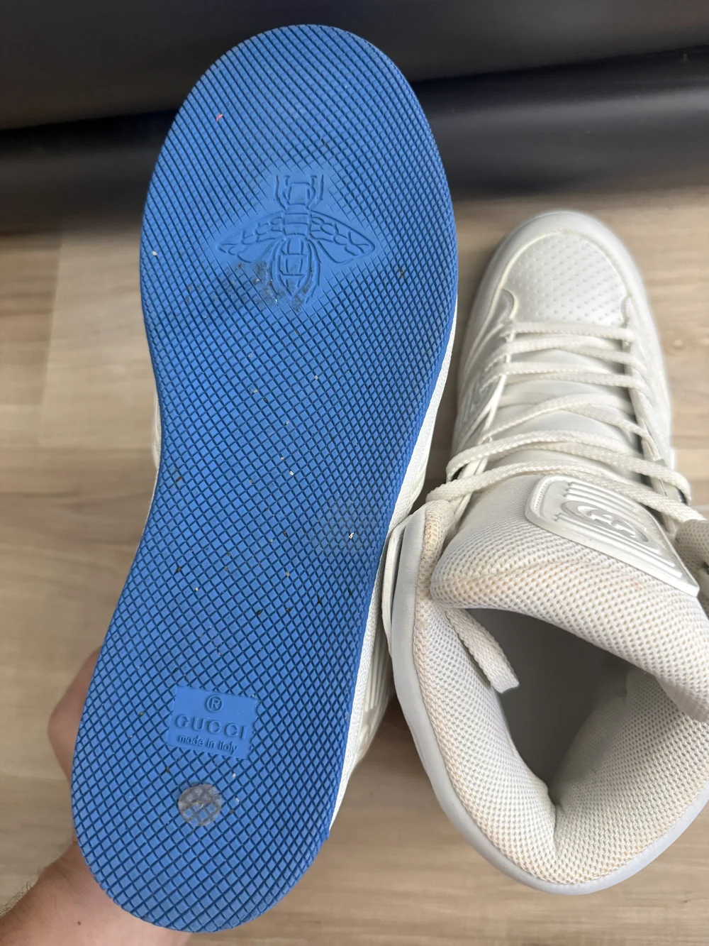 Gucci White High-Top Leather Sneakers with Subtle Blue Accent